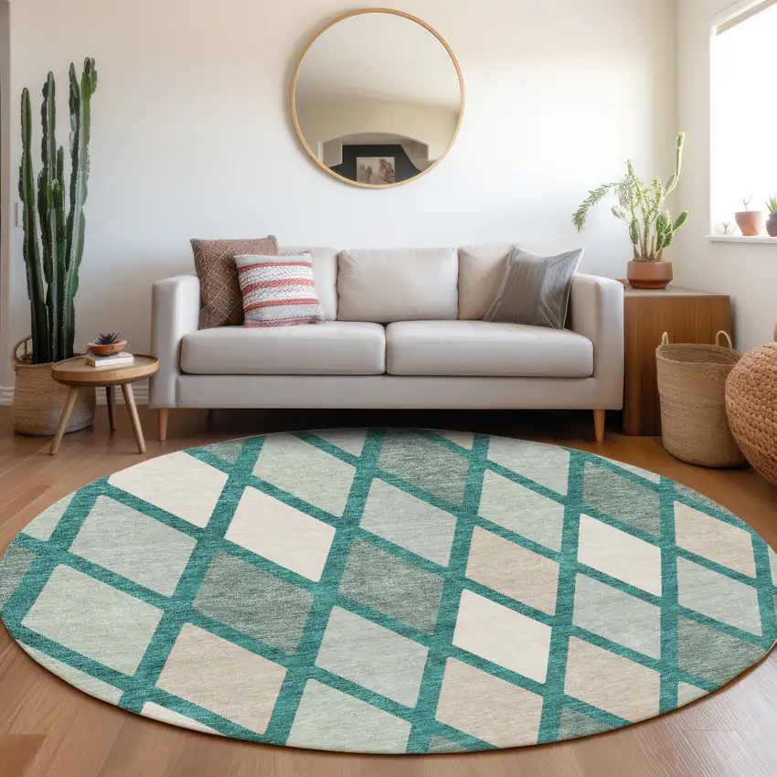 8' Teal Beige And Ivory Geometric Washable Round Rug With UV Protection Photo 5