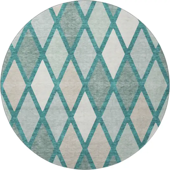 8' Teal Beige And Ivory Geometric Washable Round Rug With UV Protection Photo 4