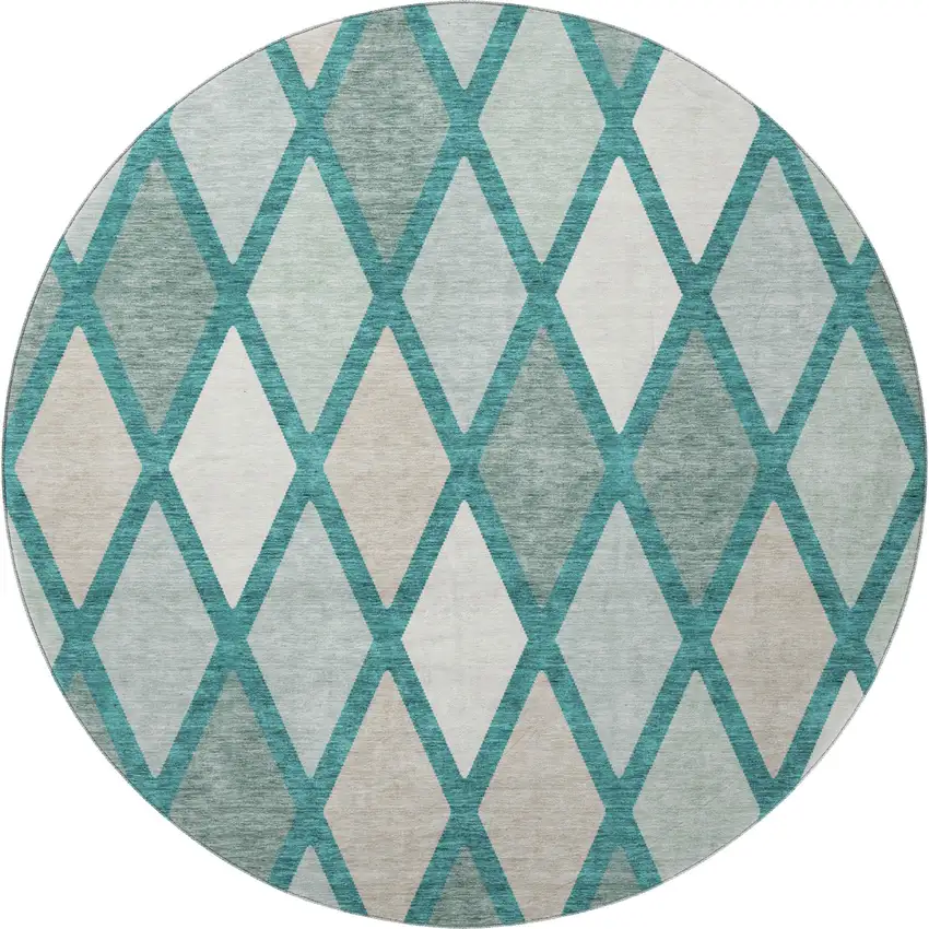 8' Teal Beige And Ivory Geometric Washable Round Rug With UV Protection Photo 4