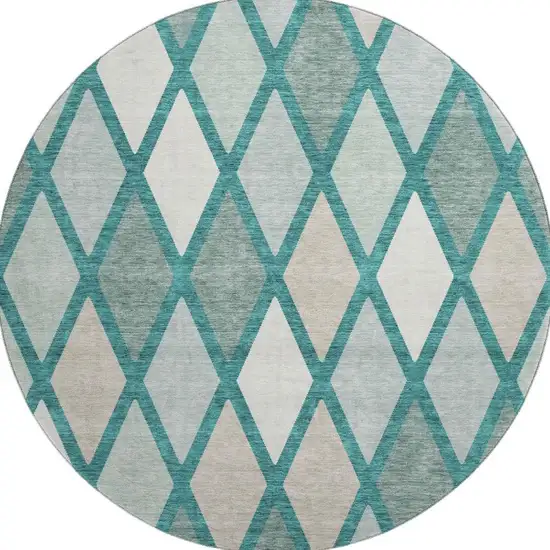 8' Teal Beige And Ivory Geometric Washable Round Rug With UV Protection Photo 3