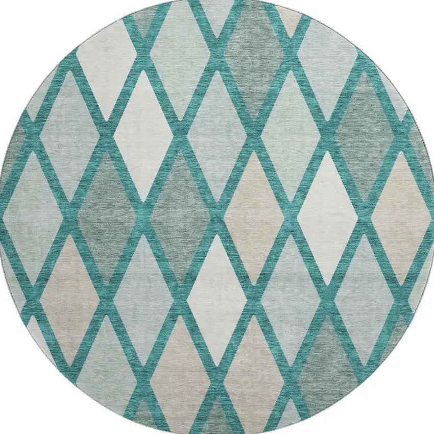 8' Teal Beige And Ivory Geometric Washable Round Rug With UV Protection Photo 3