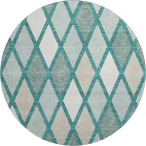 Photo of 8' Teal Beige And Ivory Geometric Washable Round Rug With UV Protection