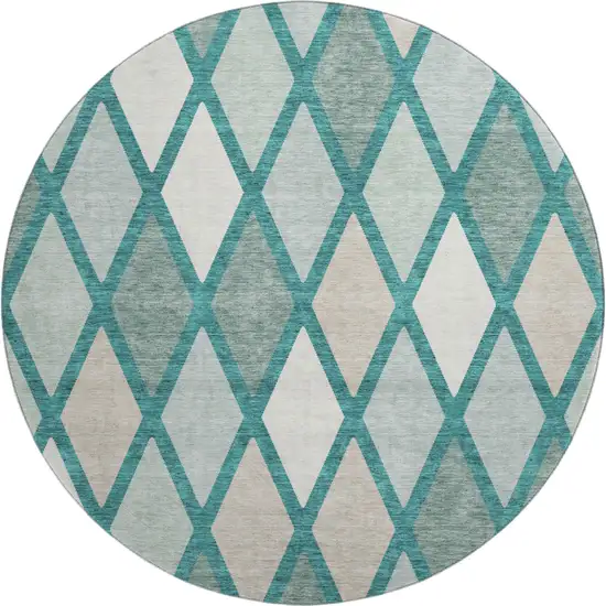 8' Teal Beige And Ivory Geometric Washable Round Rug With UV Protection Photo 1