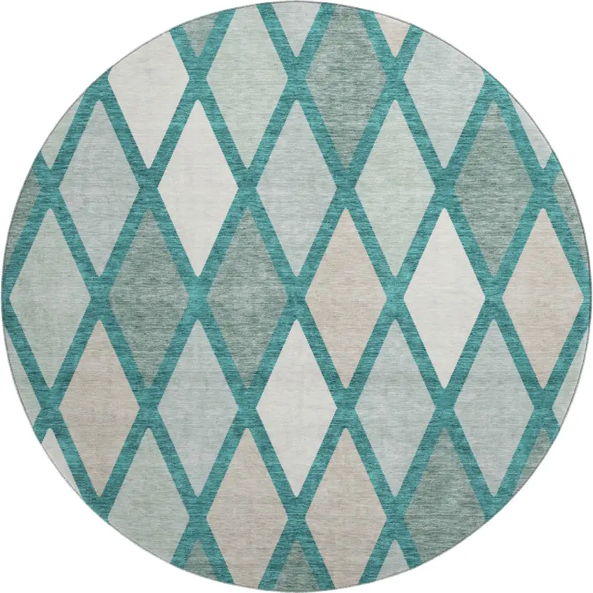 8' Teal Beige And Ivory Geometric Washable Round Rug With UV Protection Photo 1