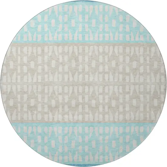 8' Teal Beige And Ivory Geometric Washable Round Rug With UV Protection Photo 2
