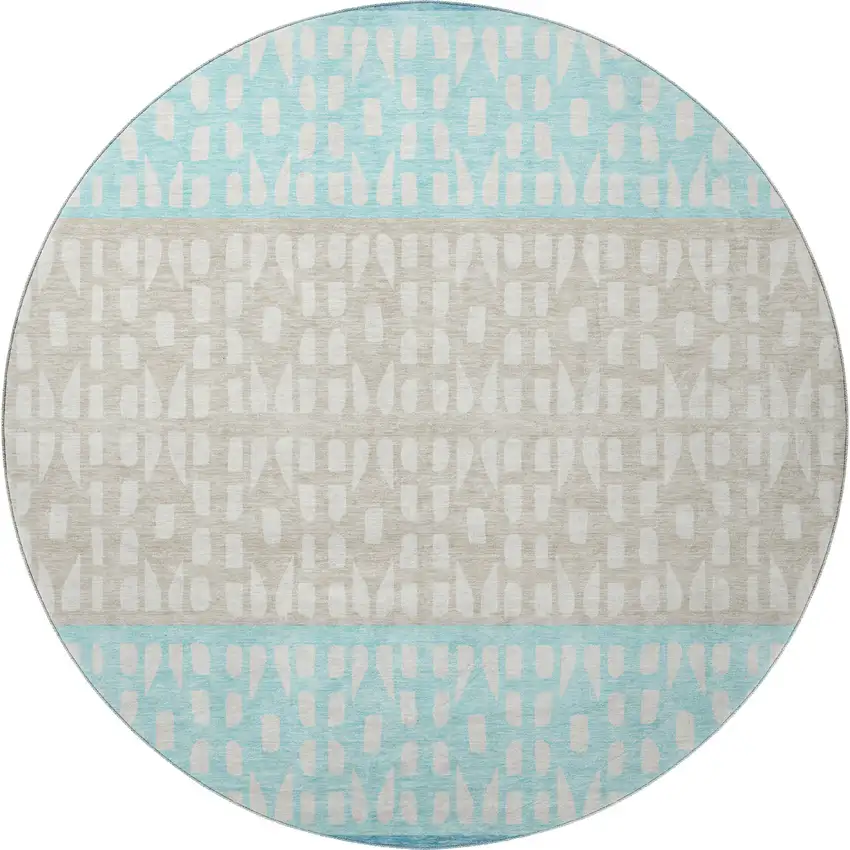 8' Teal Beige And Ivory Geometric Washable Round Rug With UV Protection Photo 2