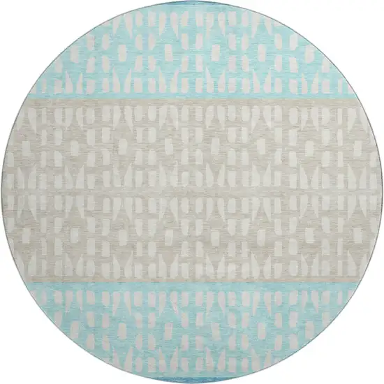 8' Teal Beige And Ivory Geometric Washable Round Rug With UV Protection Photo 1