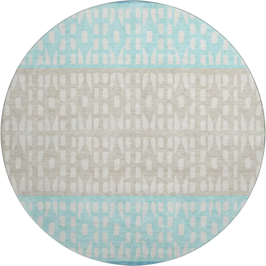 8' Teal Beige And Ivory Geometric Washable Round Rug With UV Protection Photo 1