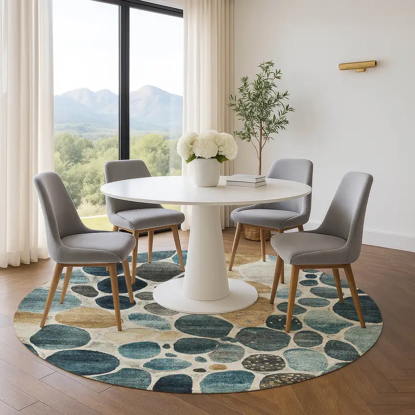 8' Teal Beige And Ivory Geometric Washable Round Rug With UV Protection Photo 5