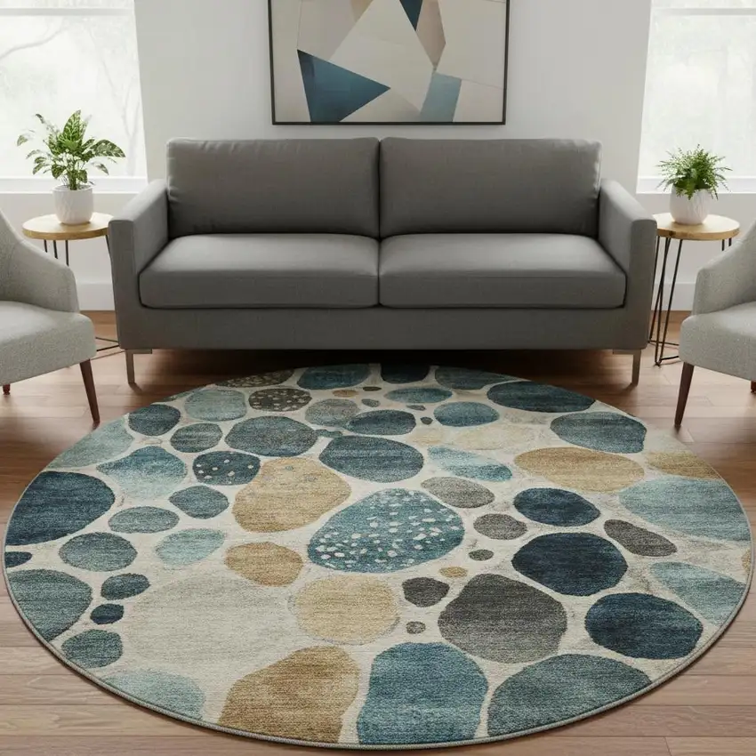 8' Teal Beige And Ivory Geometric Washable Round Rug With UV Protection Photo 2