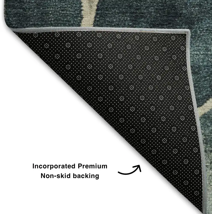 8' Teal Beige And Ivory Geometric Washable Round Rug With UV Protection Photo 6