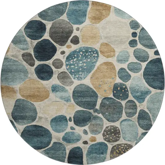 8' Teal Beige And Ivory Geometric Washable Round Rug With UV Protection Photo 1