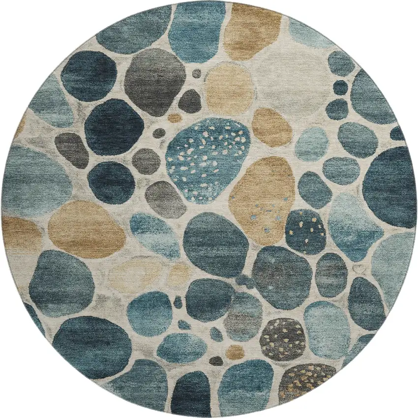 8' Teal Beige And Ivory Geometric Washable Round Rug With UV Protection Photo 1