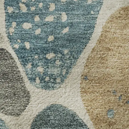 8' Teal Beige And Ivory Geometric Washable Round Rug With UV Protection Photo 9