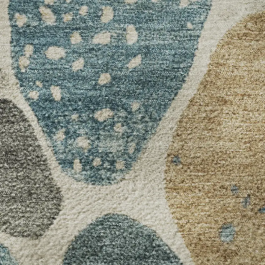 8' Teal Beige And Ivory Geometric Washable Round Rug With UV Protection Photo 9