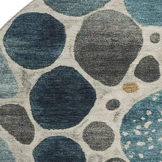 8' Teal Beige And Ivory Geometric Washable Round Rug With UV Protection Photo 4