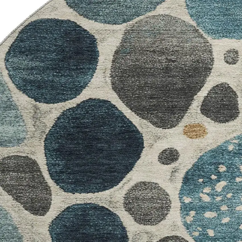 8' Teal Beige And Ivory Geometric Washable Round Rug With UV Protection Photo 4