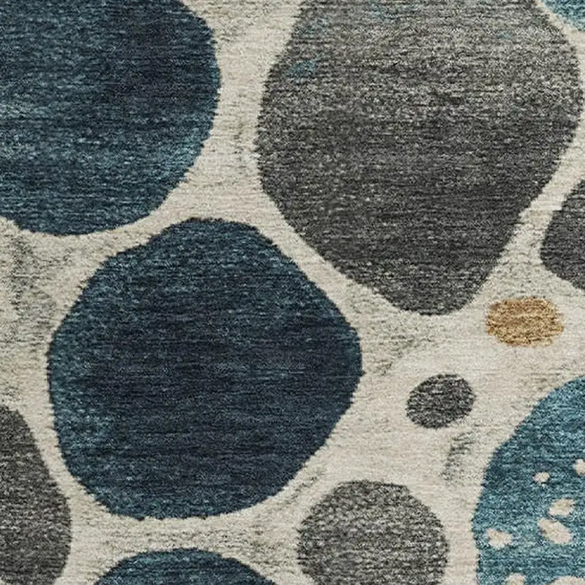 8' Teal Beige And Ivory Geometric Washable Round Rug With UV Protection Photo 3