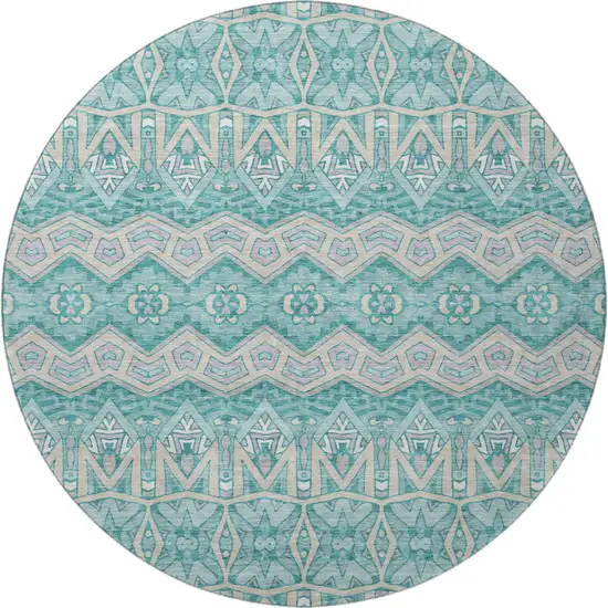 8' Teal Beige And Ivory Moroccan Washable Round Rug With UV Protection Photo 4