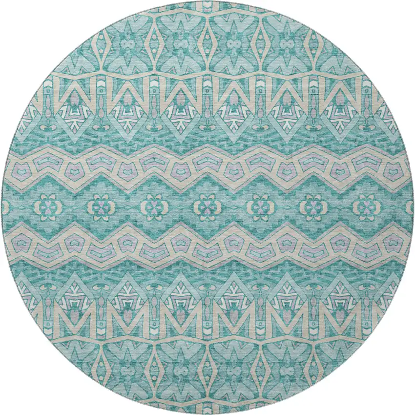 8' Teal Beige And Ivory Moroccan Washable Round Rug With UV Protection Photo 4