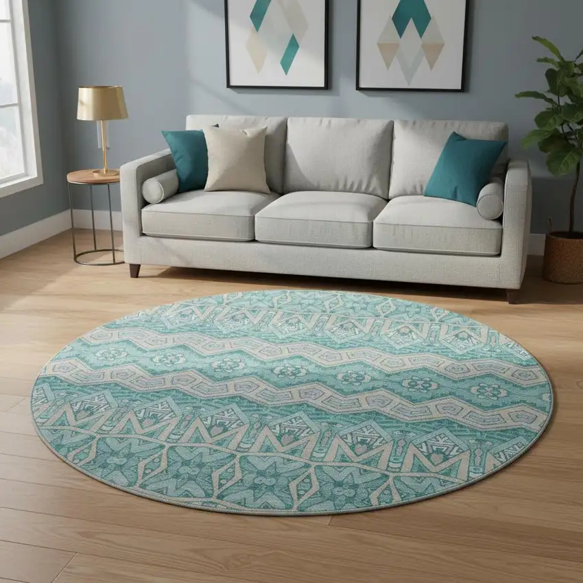 8' Teal Beige And Ivory Moroccan Washable Round Rug With UV Protection Photo 2