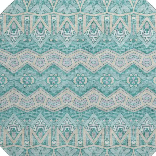8' Teal Beige And Ivory Moroccan Washable Round Rug With UV Protection Photo 3