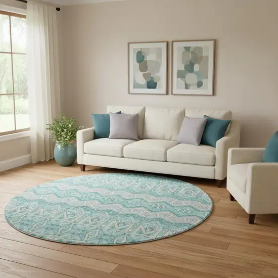8' Teal Beige And Ivory Moroccan Washable Round Rug With UV Protection Photo 1