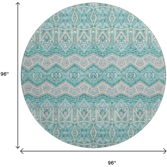 8' Teal Beige And Ivory Moroccan Washable Round Rug With UV Protection Photo 3