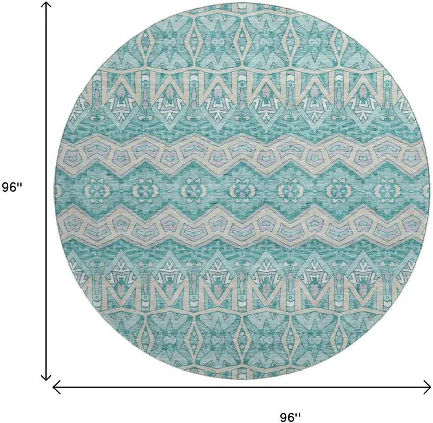 8' Teal Beige And Ivory Moroccan Washable Round Rug With UV Protection Photo 3
