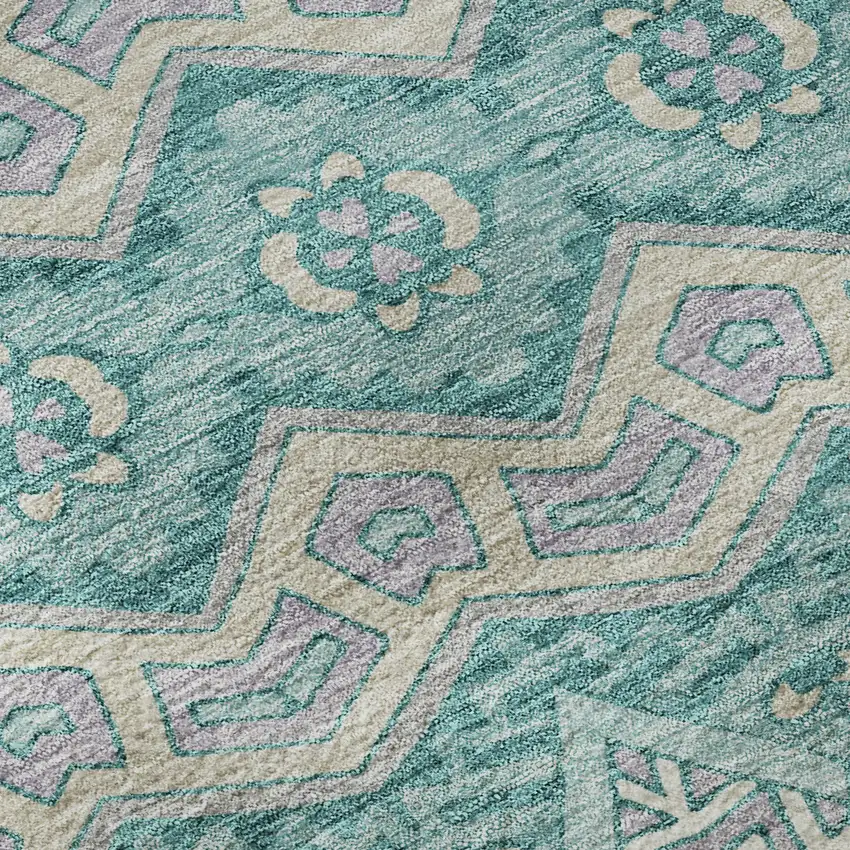 8' Teal Beige And Ivory Moroccan Washable Round Rug With UV Protection Photo 9