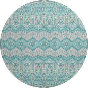 Photo of 8' Teal Beige And Ivory Moroccan Washable Round Rug With UV Protection
