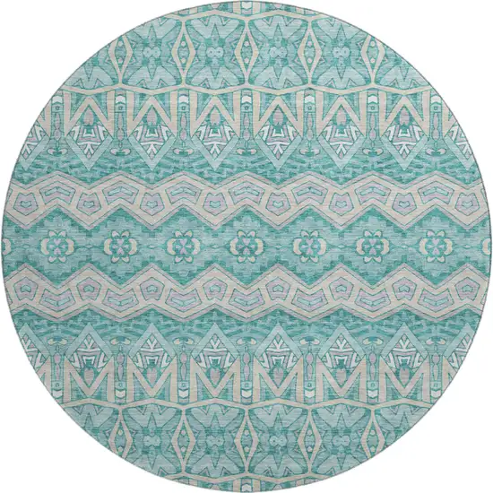 8' Teal Beige And Ivory Moroccan Washable Round Rug With UV Protection Photo 1