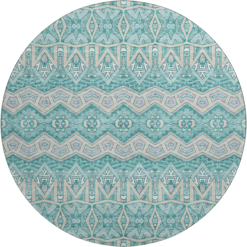 8' Teal Beige And Ivory Moroccan Washable Round Rug With UV Protection Photo 1