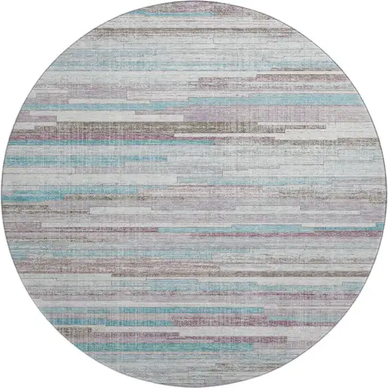 8' Teal Beige And Ivory Striped Washable Round Rug With UV Protection Photo 1