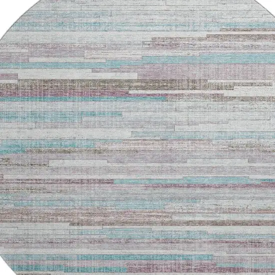 8' Teal Beige And Ivory Striped Washable Round Rug With UV Protection Photo 3