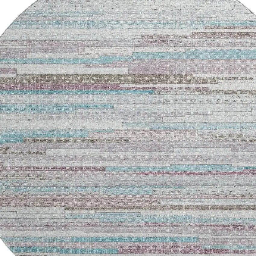 8' Teal Beige And Ivory Striped Washable Round Rug With UV Protection Photo 3