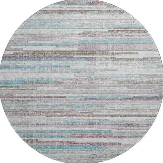 8' Teal Beige And Ivory Striped Washable Round Rug With UV Protection Photo 4
