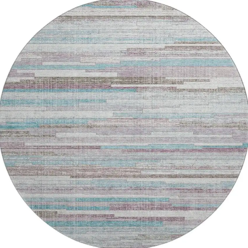 8' Teal Beige And Ivory Striped Washable Round Rug With UV Protection Photo 4