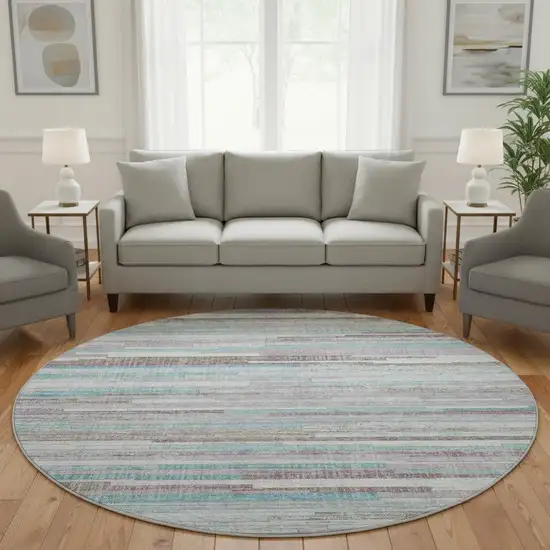8' Teal Beige And Ivory Striped Washable Round Rug With UV Protection Photo 2