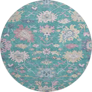 Photo of 8' Teal Beige And Pink Floral Washable Round Rug With UV Protection