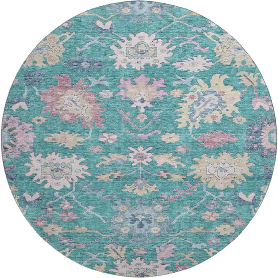 8' Teal Beige And Pink Floral Washable Round Rug With UV Protection Photo 1