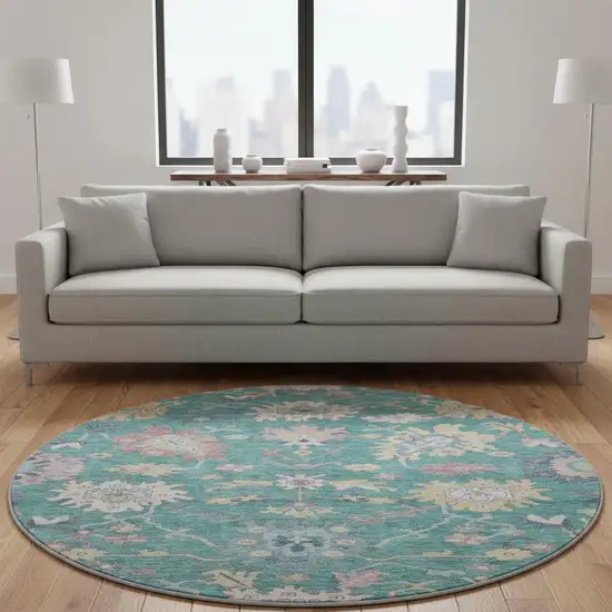 8' Teal Beige And Pink Floral Washable Round Rug With UV Protection Photo 2