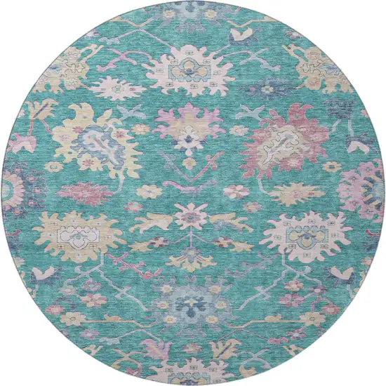 8' Teal Beige And Pink Floral Washable Round Rug With UV Protection Photo 3