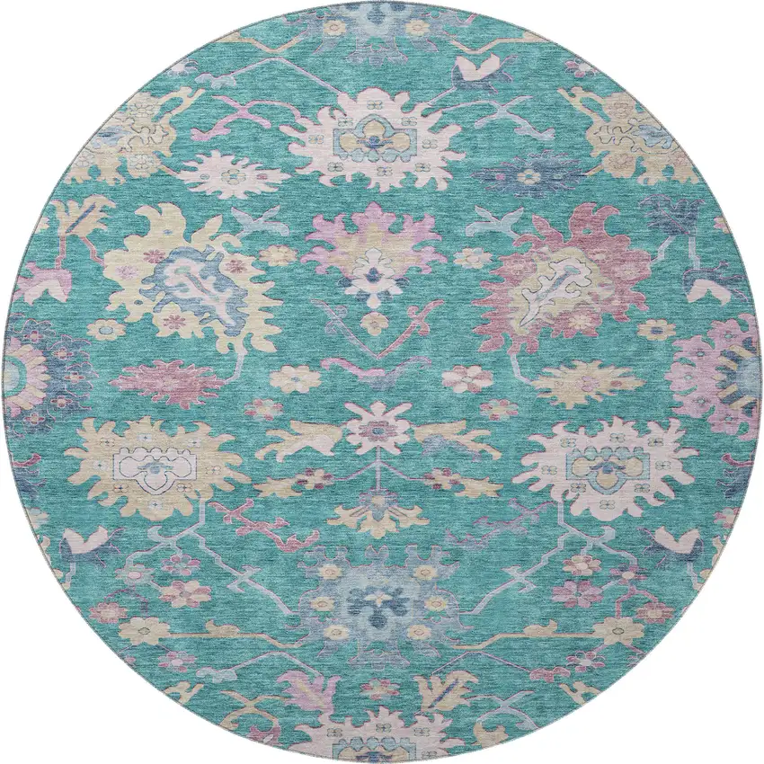 8' Teal Beige And Pink Floral Washable Round Rug With UV Protection Photo 3
