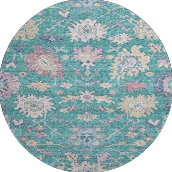 8' Teal Beige And Pink Floral Washable Round Rug With UV Protection Photo 2