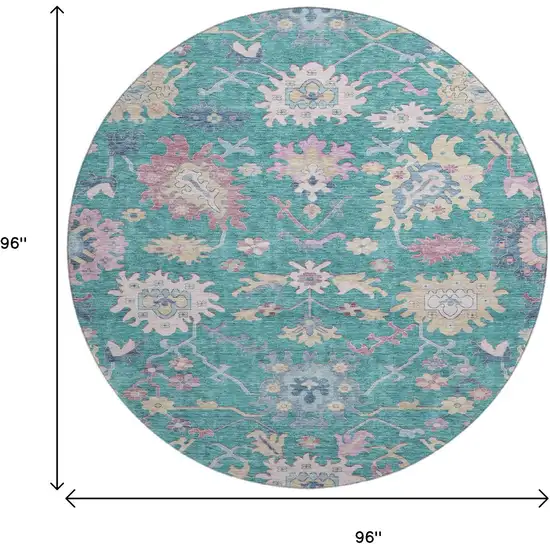 8' Teal Beige And Pink Floral Washable Round Rug With UV Protection Photo 9