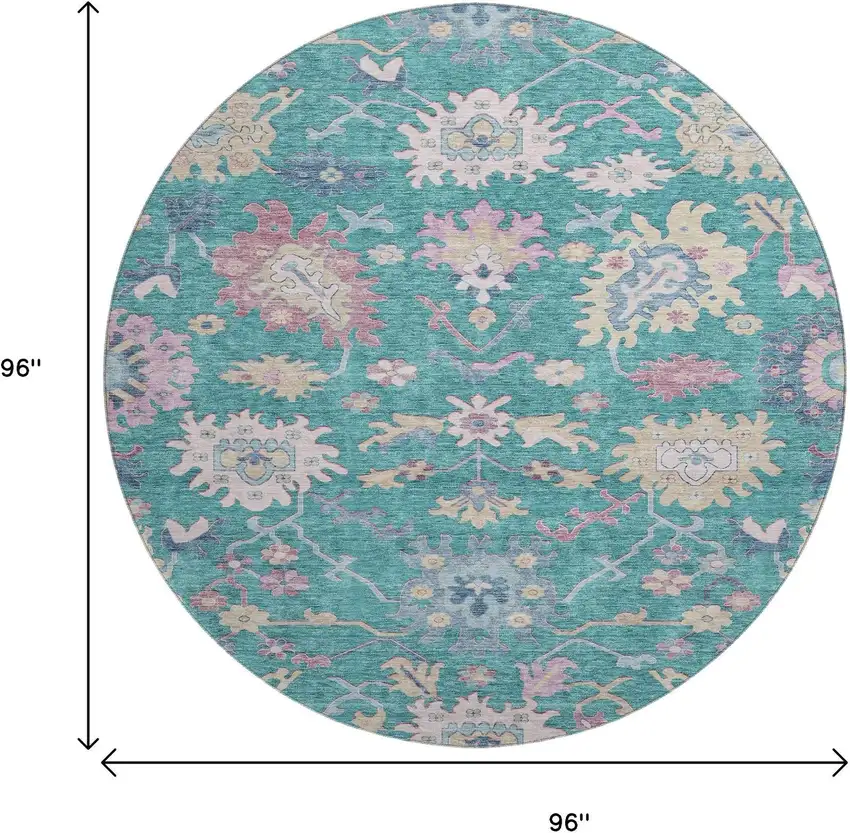 8' Teal Beige And Pink Floral Washable Round Rug With UV Protection Photo 9