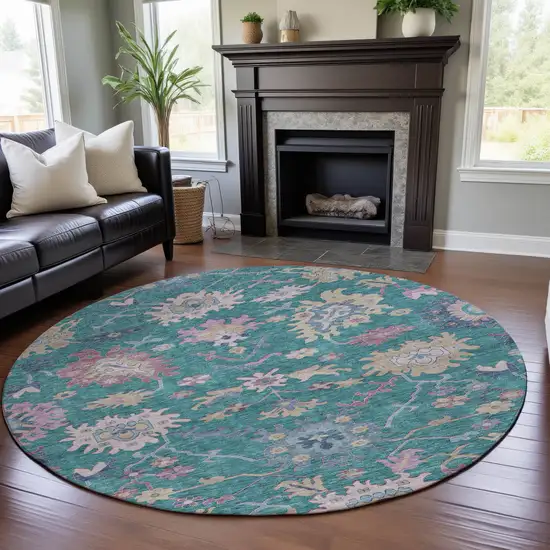 8' Teal Beige And Pink Floral Washable Round Rug With UV Protection Photo 4