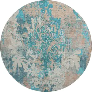 Photo of 8' Teal Beige And Taupe Damask Washable Round Rug With UV Protection