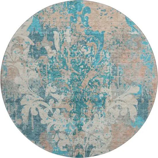 8' Teal Beige And Taupe Damask Washable Round Rug With UV Protection Photo 1